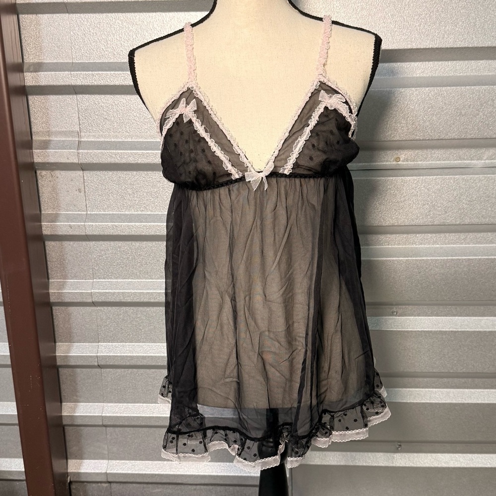 Victoria’s Secret Sheer Babydoll Chemise Black Pink‎ Lace Mesh Polka Dot Y2K